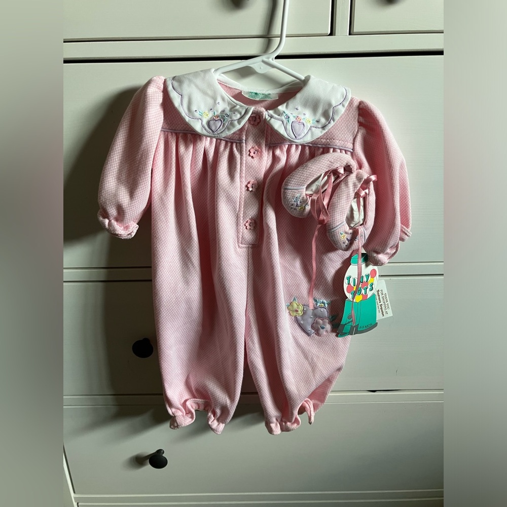 Vintage Kids Tiny Tots Pink Bubble Romper with Shoes NWT 6-9 months